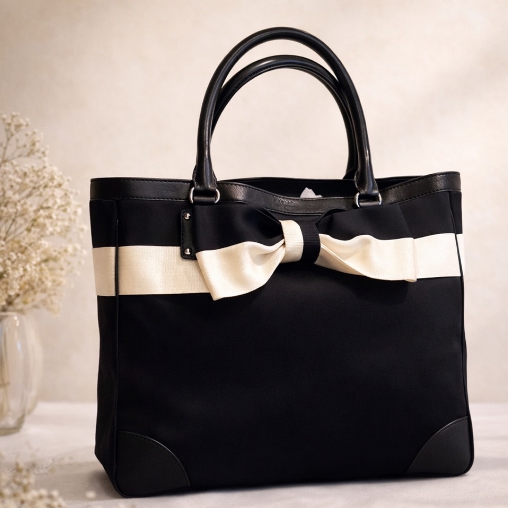 Kate Spade Black and Creme Bow Nylon Leather Tote Bag